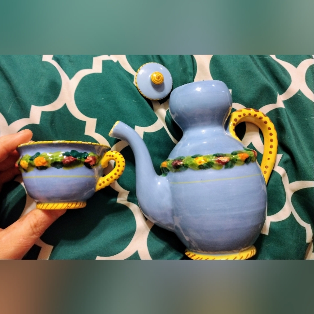 Vintage Bitossi Italy Terracotta Della Robbia Ewer & Cup